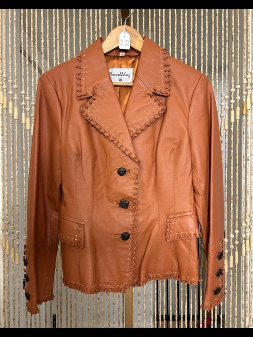 PAMELA MCCOY Leather Butterscotch Embelisshed Jacket Blazer W/ Whipstiching